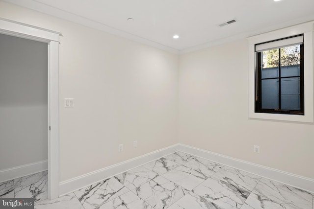 spare room featuring recessed lighting, marble finish floor, visible vents, and baseboards