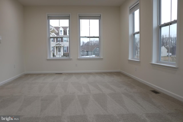 spare room featuring plenty of natural light and light colored carpet