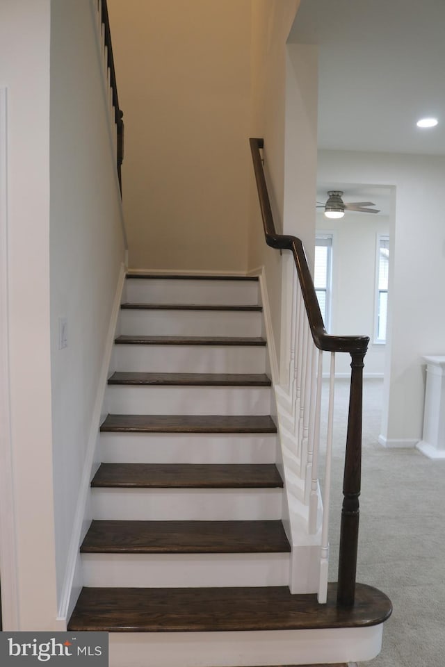 stairway with carpet flooring and ceiling fan