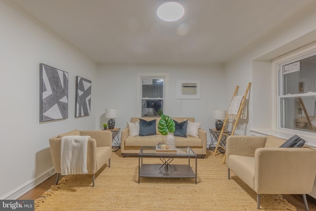 living room with a wall mounted air conditioner and light wood-type flooring