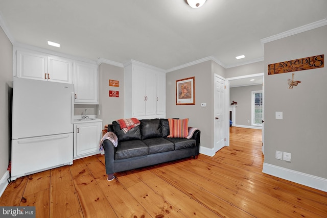 living room featuring light wood-type flooring and crown molding