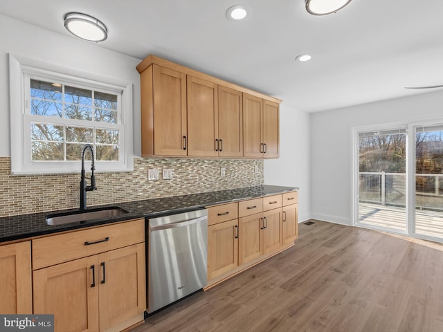 kitchen with stainless steel dishwasher, dark stone counters, sink, hardwood / wood-style floors, and plenty of natural light