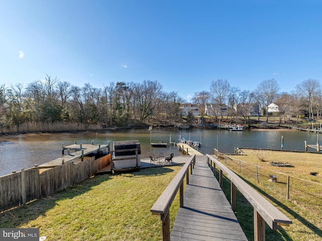 dock area with a water view and a lawn