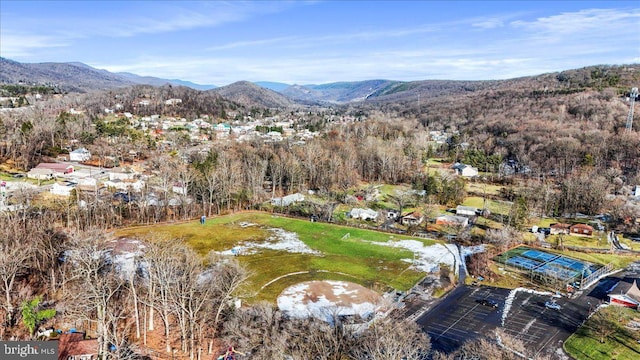 bird's eye view featuring a water and mountain view