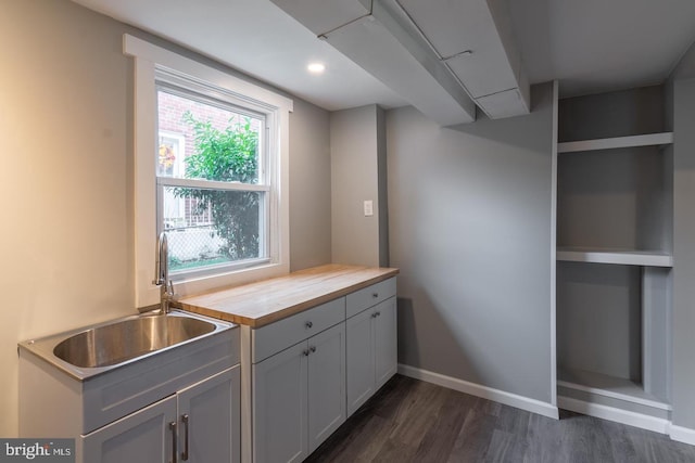 kitchen with butcher block counters, sink, and dark wood-type flooring