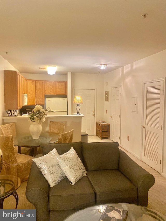 living room with light colored carpet