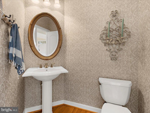 bathroom with toilet, sink, and hardwood / wood-style floors