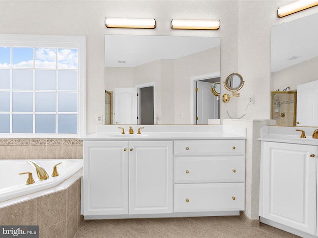 bathroom with separate shower and tub and vanity