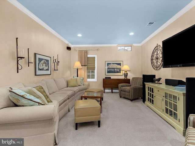 carpeted living room featuring a notable chandelier, plenty of natural light, and crown molding