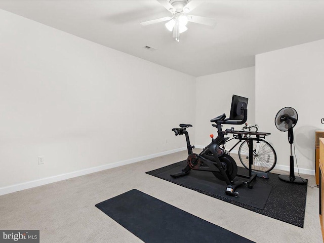 workout room with carpet flooring and ceiling fan