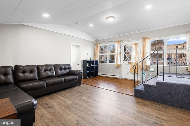 living room featuring lofted ceiling, a baseboard radiator, and wood-type flooring