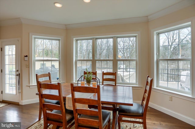 dining area with ornamental molding and dark wood-type flooring