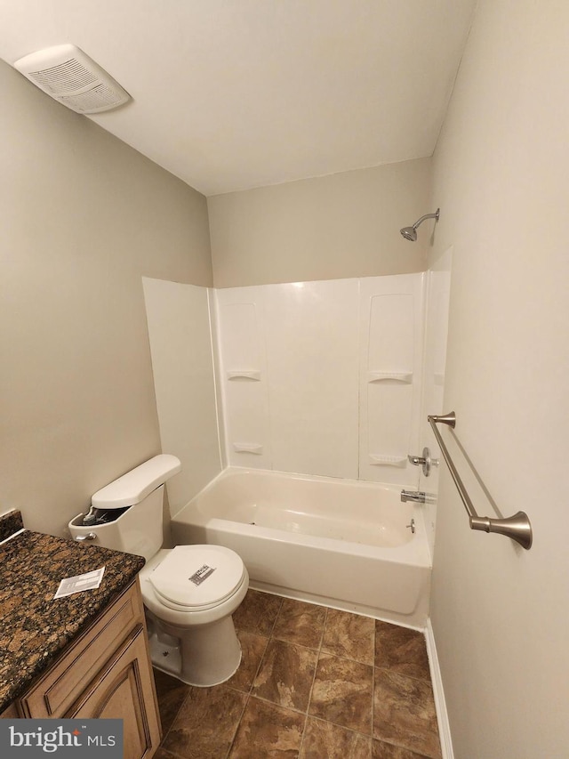 full bathroom with vanity, bathing tub / shower combination, and toilet