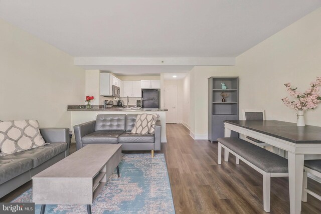 living room with dark hardwood / wood-style flooring