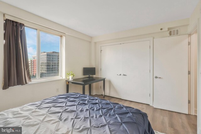 bedroom with wood-type flooring and a closet