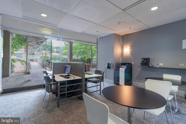 dining space featuring carpet and a drop ceiling