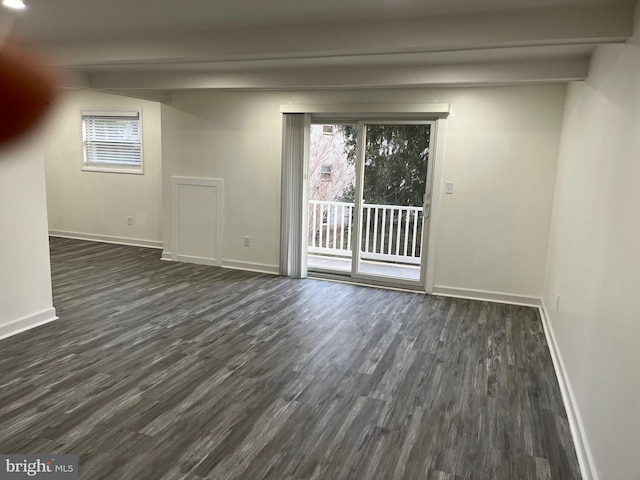 empty room featuring beam ceiling and dark wood-type flooring