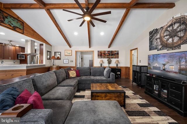 living room featuring dark hardwood / wood-style flooring, vaulted ceiling with beams, ceiling fan, and wooden walls