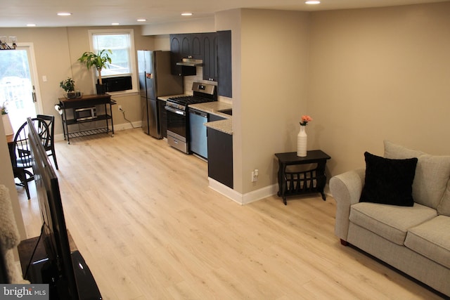 kitchen with light hardwood / wood-style floors and appliances with stainless steel finishes