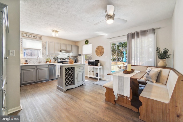 kitchen with stainless steel appliances, ceiling fan, light hardwood / wood-style flooring, gray cabinets, and a kitchen island