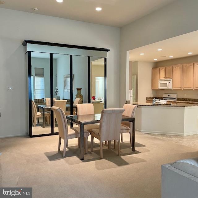 dining space featuring light carpet