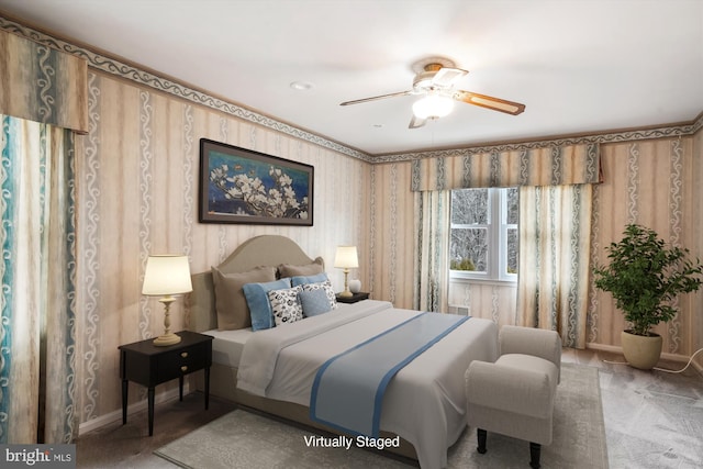 carpeted bedroom with ceiling fan