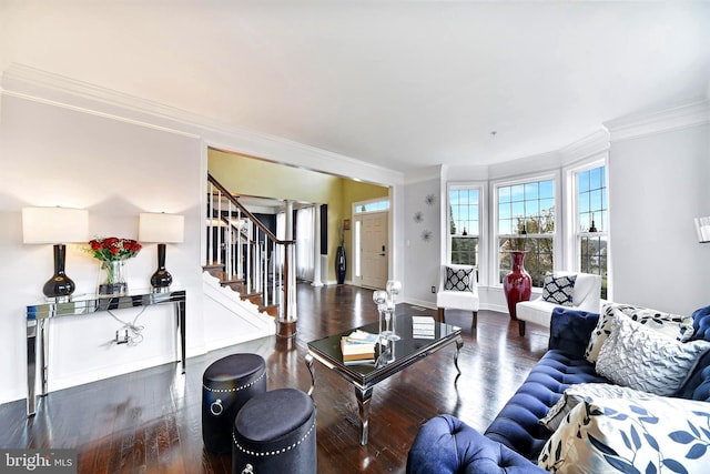 living room featuring dark hardwood / wood-style flooring and ornamental molding