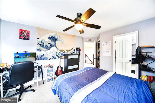 bedroom with light colored carpet and ceiling fan