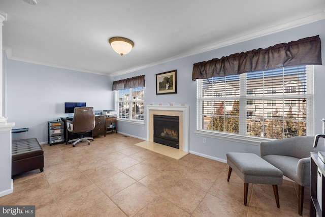 tiled office featuring ornamental molding