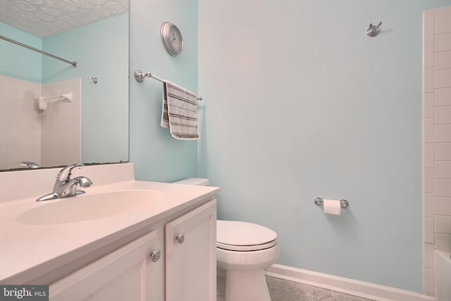 full bathroom with vanity, tile patterned floors, toilet, a textured ceiling, and shower / bath combination