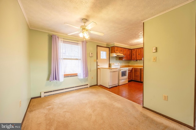 kitchen featuring electric stove, crown molding, ceiling fan, baseboard heating, and carpet floors