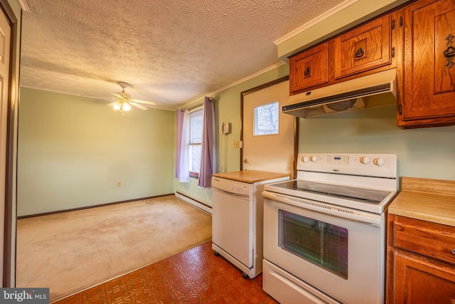 kitchen featuring a textured ceiling, white appliances, ceiling fan, crown molding, and a baseboard radiator