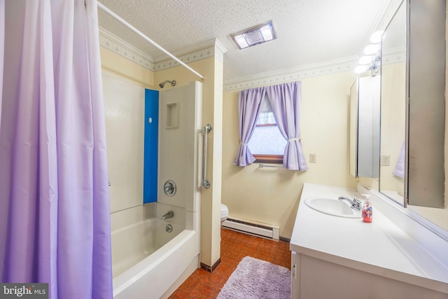 full bathroom featuring a baseboard heating unit, a textured ceiling, toilet, vanity, and shower / tub combo