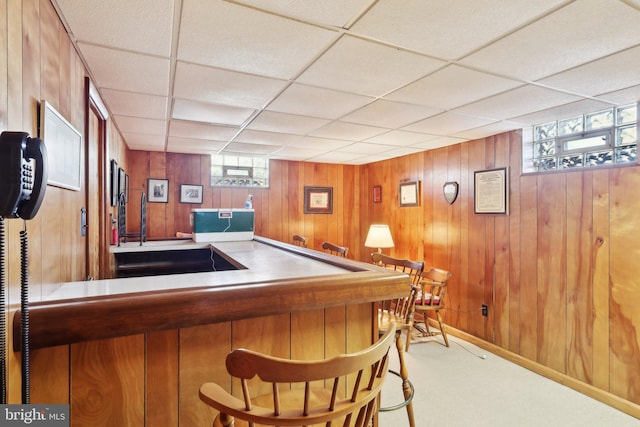 bar featuring carpet, a paneled ceiling, and wood walls