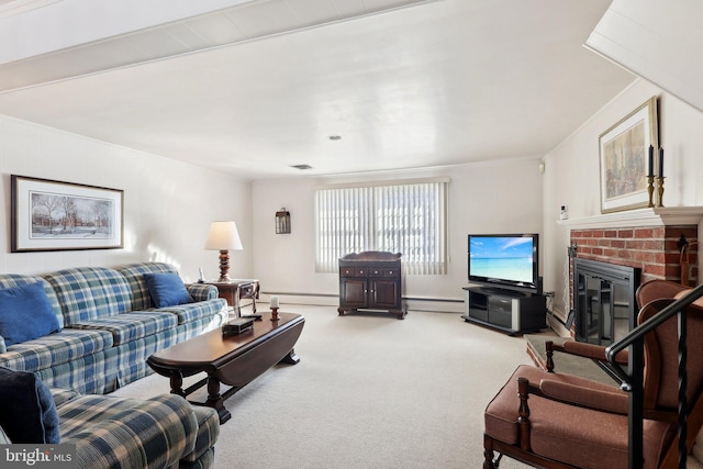 carpeted living room featuring a fireplace and a baseboard heating unit