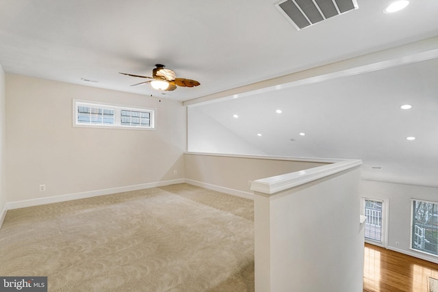 unfurnished room featuring recessed lighting, a ceiling fan, visible vents, and baseboards