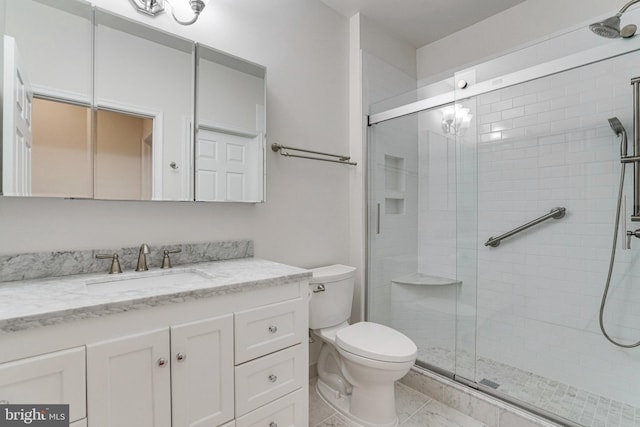 bathroom with toilet, a stall shower, and vanity