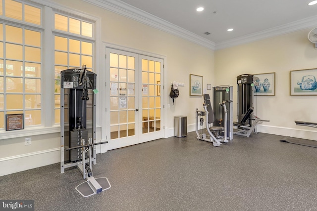 exercise room with recessed lighting, french doors, baseboards, and crown molding