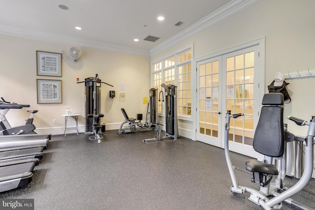 exercise room with baseboards, visible vents, recessed lighting, french doors, and crown molding