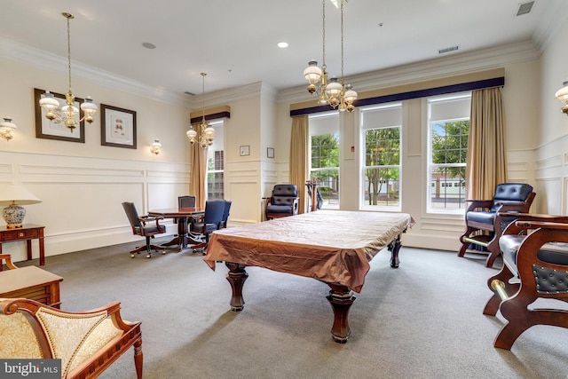 recreation room with billiards, an inviting chandelier, and carpet flooring