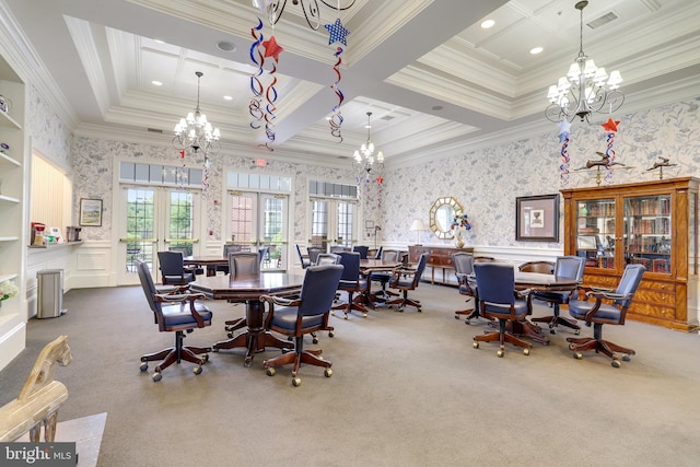 dining room with wallpapered walls, ornamental molding, carpet flooring, french doors, and an inviting chandelier