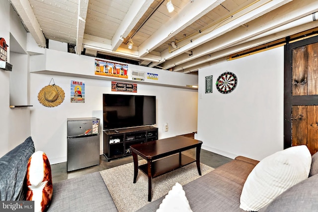 living room with beam ceiling, wooden ceiling, and concrete floors