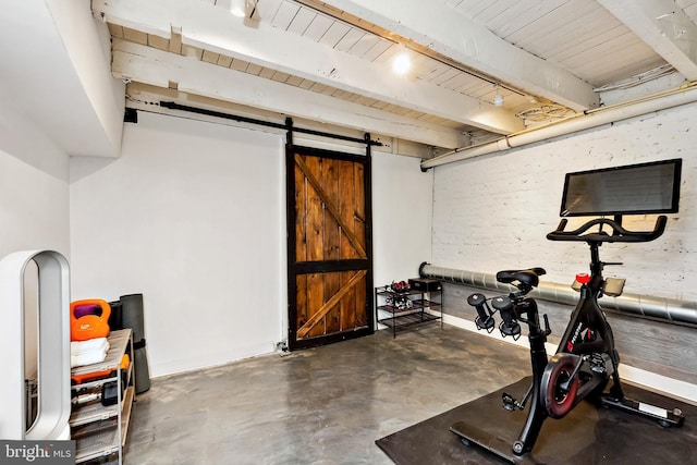 exercise area with a barn door