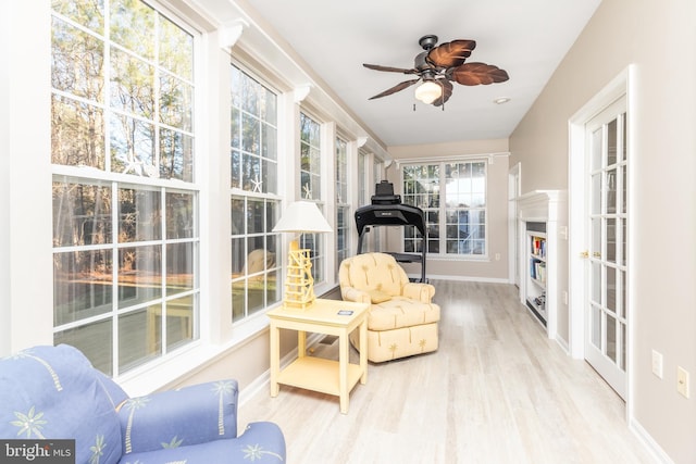 living area with ceiling fan and light wood-type flooring