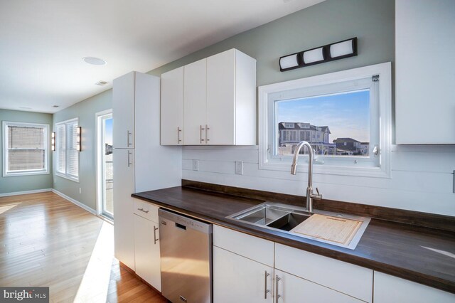 1427 Paul Blvd, Manahawkin, NJ 08050 - kitchen featuring butcher block countertops, a sink, white cabinets, light wood finished floors, and dishwasher