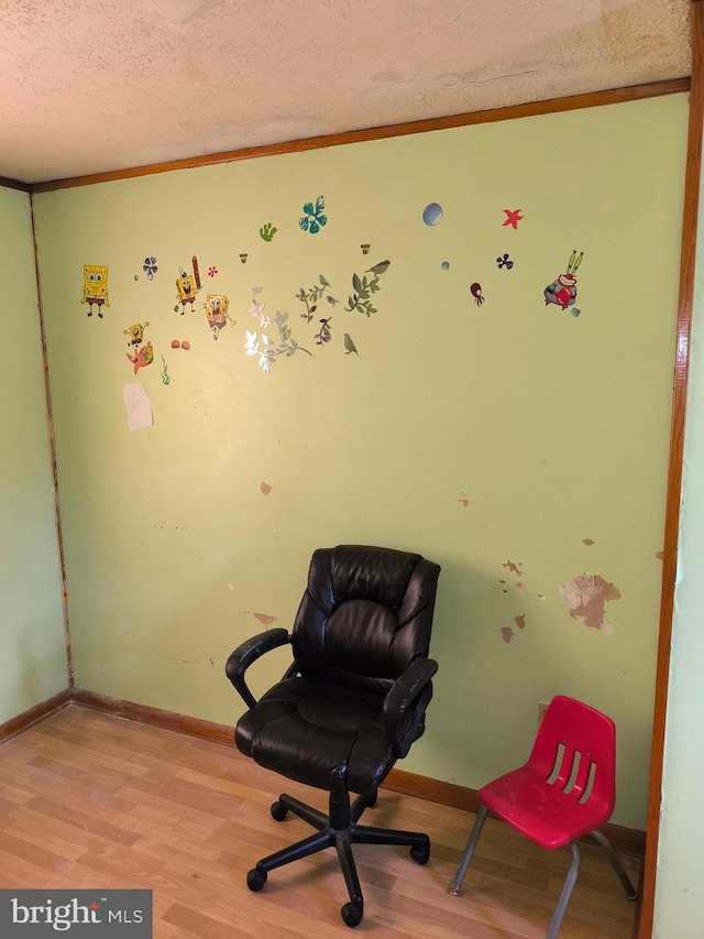 office with crown molding, a textured ceiling, and light hardwood / wood-style flooring