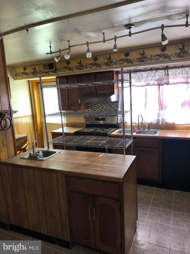 kitchen with stainless steel gas range oven, sink, dark brown cabinets, and butcher block counters