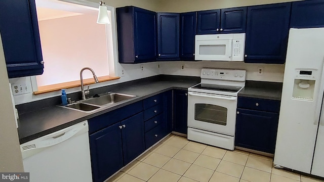 kitchen featuring blue cabinetry, light tile patterned floors, white appliances, and sink