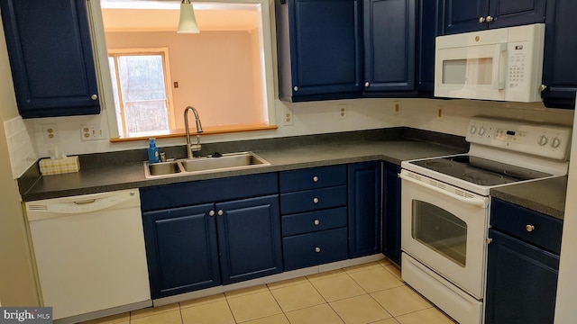 kitchen featuring sink, light tile patterned floors, white appliances, and blue cabinets