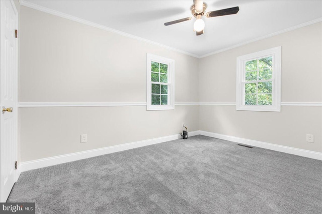 spare room with carpet flooring, ceiling fan, and crown molding